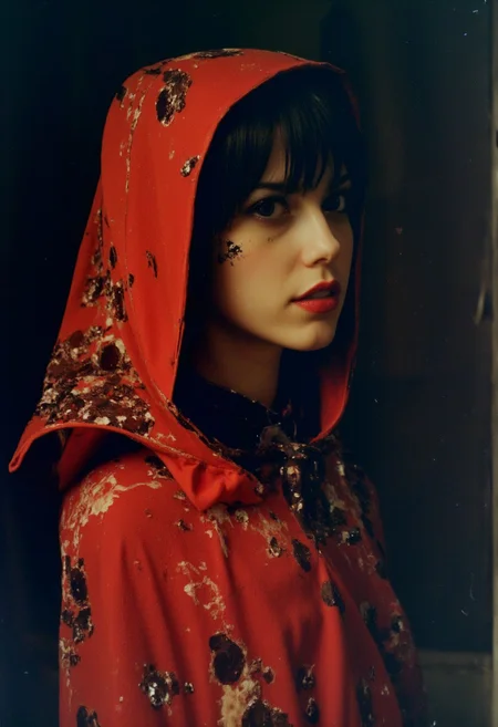 Extreme Closeup, Nofretete Queen of the nile, vibrant neon colorful, 80s synthwave style, translucent DARK-amber velvet high collar blouse, the face shrouded in darkness, a Large hooded Linen Cape with Highlights and Ornaments, soothing volumetric lighting, ultra detailed, deep Blacks, very detailed, atmospheric haze, Film grain, cinematic film still, shallow depth of field, highly detailed, high budget, cinemascope, moody, epic