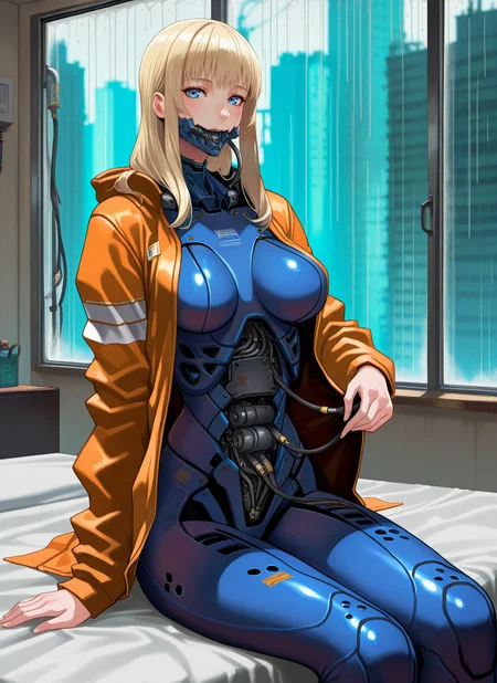 artist:, masterpiece, best quality, newest, very awa, absurdres, highres, jtts, 1girl, cyborg, cybernetic stomach, cables, wires, machinery, cybernetic mouth, cybernetic body, clothed, orange jacket, sitting on bed, looking at viewer, daytime, modern city, room, window, rain, detailed, <lora:SDXL\Illustrous\Jittsu_style:1.0>