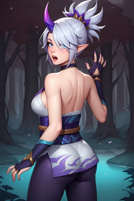 score_9, score_8_up, score_7_up, score_6_up, BREAK, RivenSBXL, blue eyes, white hair, short hair, hair over one eye, sidelocks, single horn, hair ornament, pointy ears, medium breasts, black choker, collar bone, single bare shoulder, cleavage, white kimono, purple sash, multicolored sash, purple elbow gloves, fingerless gloves, purple pants, asymmetrical clothes, solo, standing, from behind, ass focus, surprised, looking back, forest, tree <lora:RivenSBXL:0.8>