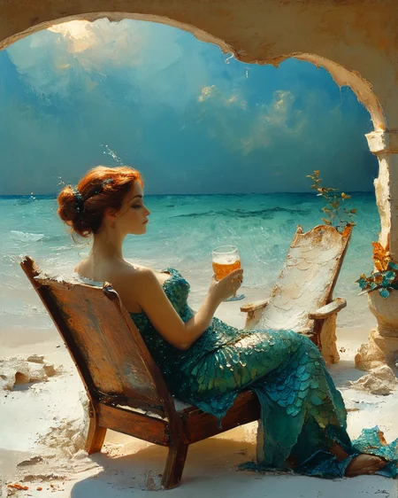 focus on a mermaid drinking beer in a lounge chair, blue water, white sand, chiaroscuro, frazetta, medium contrast, <lora:add-detail-xl:0.8>,   <lora:Maxfield Parrish Style:1> Maxfield Parrish Style page