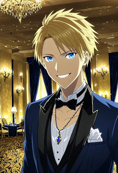 high resolution, solo, best quality, 1Boy, Yamato Ishida, Blond Hair, Blue Eyes, Necklace, luxury hotel, Ballroom, tuxedo, smile, mysterious, confident, OverallDetail