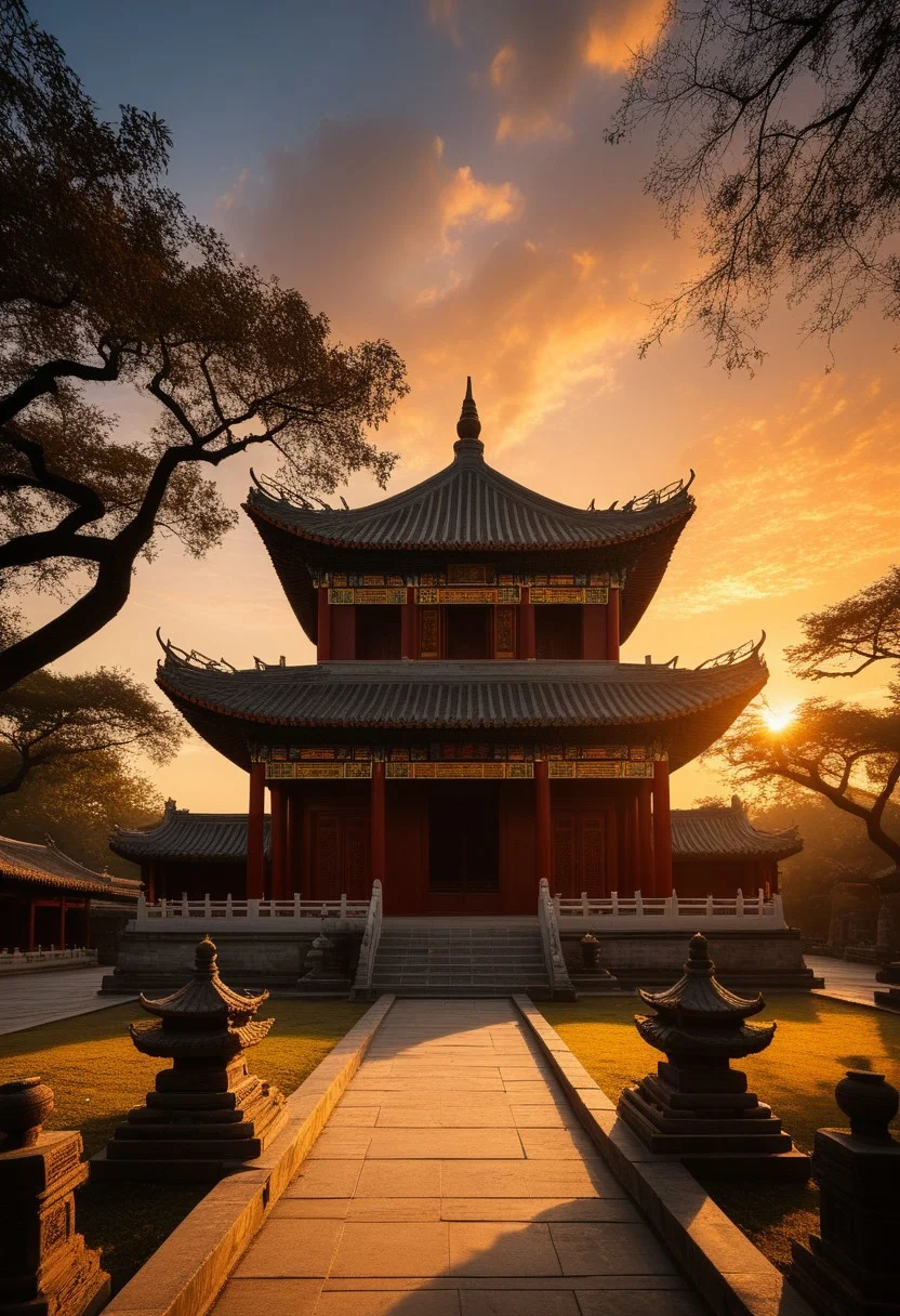 Altar and Temple Architecture: An illustrative depiction of a traditional Chinese altar or temple,a testament to China's deep-rooted cultural heritage,under the serene backdrop of a setting sun.,
The image presents a well-preserved altar or temple,a symbol of ancient Chinese architecture,standing in its full glory against the warm,golden light of the sunset. The structure,with its sweeping roof,intricate carvings,and balanced proportions,is bathed in the soft glow of the declining day,highlighting the temple's historical and spiritual significance.,
The temple's silhouette is accentuated by the sunset,creating a striking contrast between the ancient stonework and the vibrant sky. The scene evokes a sense of reverence and tranquility,encapsulating the essence of China's architectural and cultural legacy.,
This portrayal captures the timeless beauty of altar and temple architecture in China,with the sunset serving as a metaphor for the enduring spirit of Chinese tradition and the passage of time. The image conveys a deep appreciation for the artistry and craftsmanship of ancient Chinese builders,and the enduring relevance of these sacred structures in contemporary society.,