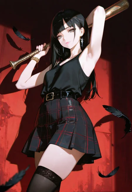 HDR, 8K, high contrast, masterpiece, best quality, amazing quality, very aesthetic, high resolution, ultra-detailed, absurdres, usnr,
solo, 1girl, long hair, black hair, blunt bangs, long side bangs, hair behind ear, silver earrings, grey eyes, detailed eyes, pink lips, closed mouth, tank top, black tank top, plaid skirt, black skirt, red stripes, gold wristwear, wristwatch, black belt, bare thighs, black thighhighs, bat, holding bat over shoulder, armpit, armpit crease, armpit focus, textured background, red background, black feathers, floating feathers, looking at viewer, low angle shot, sinister smile, photorealistic, volumetric lighting, dramatic shadows, cinematic lighting