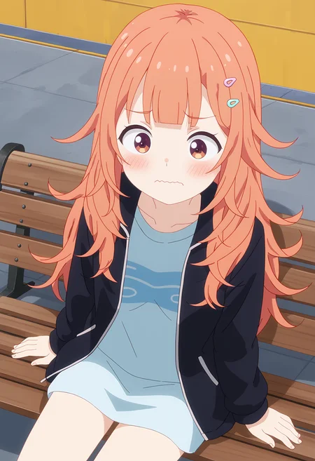 <lora:Shinon Ogawa-000038:1>,
Shinon Ogawa, 1girl, solo, jacket, sitting, blush, hair ornament, wavy mouth, bench, shirt, closed mouth, long sleeves, blunt bangs, meme, parody