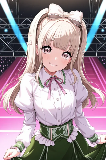 masterpiece, best quality, amazing quality,
<lora:Kurumi_IL:1> kurumi, 1girl, solo, skirt, bow, long hair, hair bow, long sleeves, puffy sleeves, shirt, smile, white shirt, bangs, green skirt, stage outfit