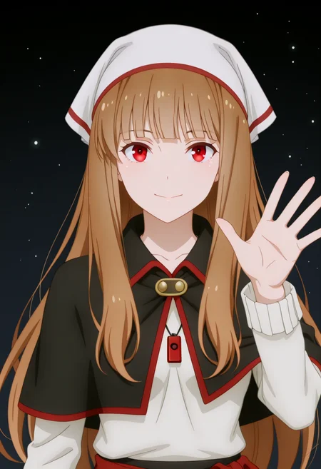 <lora:Gradient_Background:1> Gr_Back, Gradient Background, dark background,(upper body:1.4),female focus, magic light particles, waving at viewer, close up, high detail face,
holooutfit2, 1girl, long brown hair, bangs, red eyes, fox ears, medium breast, | white headscarf, white long-sleeved shirt, long sleeves, ribbed cuffs, black capelet, short cape, red trim, red button, black long skirt, wide skirt, pants under skirt, red trim, red braided sash
<lora:Holo_IL:1>,