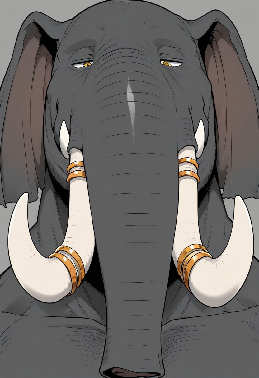 masterpiece, best quality, newest, absurdres, highres, detailed background, solo, 1boy, JabariV2, mature male, furry male, grey background, anthro elephant, tusk rings, potrait, face focus,