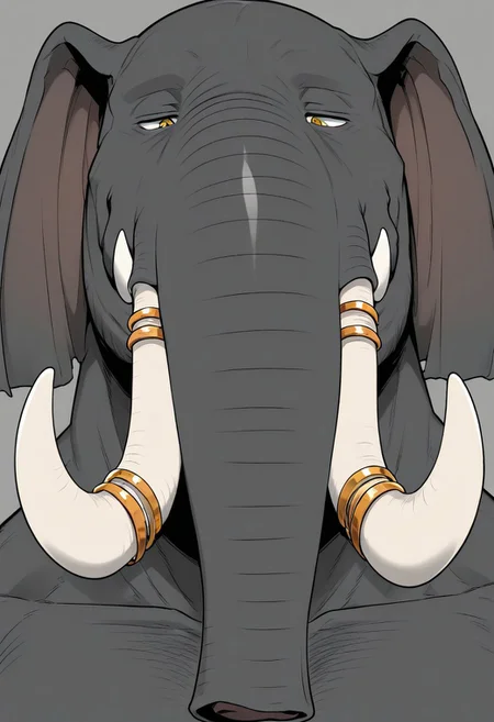 masterpiece, best quality, newest, absurdres, highres, detailed background, solo, 1boy, JabariV2, mature male, furry male, grey background, anthro elephant, tusk rings, potrait, face focus,