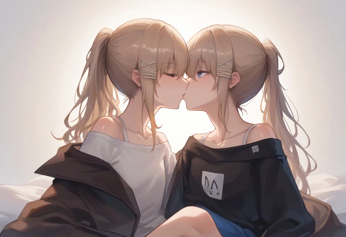 score_9, score_8_up, score_7_up, source_anime, BREAK sitting, 2girls, kissing, long hair, blonde hair, hairclip, ponytail, shiny skin, off-shoulder, shirt, long sleeve, from side