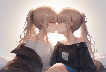 score_9, score_8_up, score_7_up, source_anime, BREAK sitting, 2girls, kissing, long hair, blonde hair, hairclip, ponytail, shiny skin, off-shoulder, shirt, long sleeve, from side