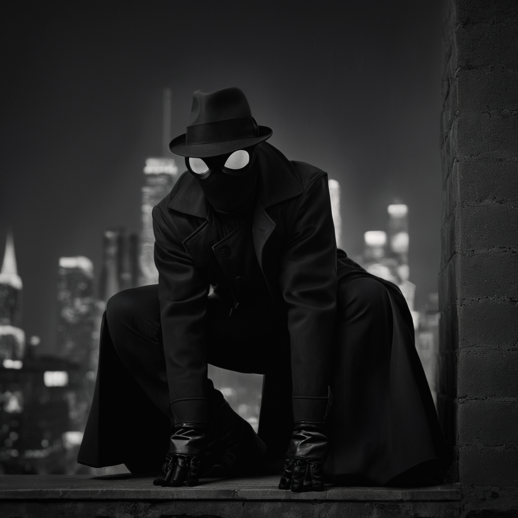 cinematic film still of  <lora:Spider-Man Noir:1>
Spider-Man Noir a man in a black suit and hat crouches down on a ledge in Marvel Noir universe,solo,gloves,1boy,hat,holding,jacket,male focus,pants,mask,black pants,squatting,city,card,fedora,trench coat , dark theme, cinematic noir, dramatic Light, shallow depth of field, vignette, highly detailed, high budget, bokeh, cinemascope, moody, epic, gorgeous, film grain, grainy