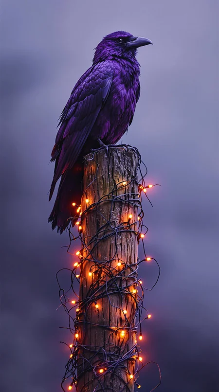 Create a hyper-stylistic image of a majestic purple raven perched atop a wooden post, wrapped in a garland of orange Halloween lights that seem to cast a warm, eerie glow. The raven's plumage is a rich, deep purple, with subtle shading and texture that gives it a lifelike quality. The wooden post is weathered and worn, with intricate details and textures that suggest age and decay. The fog that blankets the scene is thick and impenetrable, with tendrils that seem to curl and twist around the post like living vines. The overall effect is a haunting, atmospheric image that combines the mystery of the raven with the magic of the Halloween season. highest-Quality, intricate details, visually stunning, Masterpiece