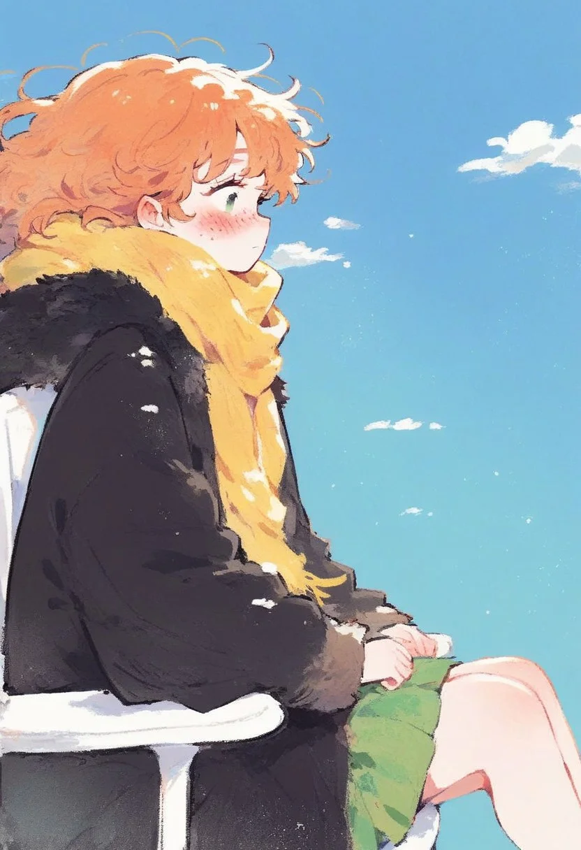 hu99y, score_9,score_8_up,score_7_up, 1girl, solo,
, freckles, blush, median hair, ginger hair, bangs, yellow scarf,black coat, green underclothes,flying ginkgo leaf,windy, chair, sitting