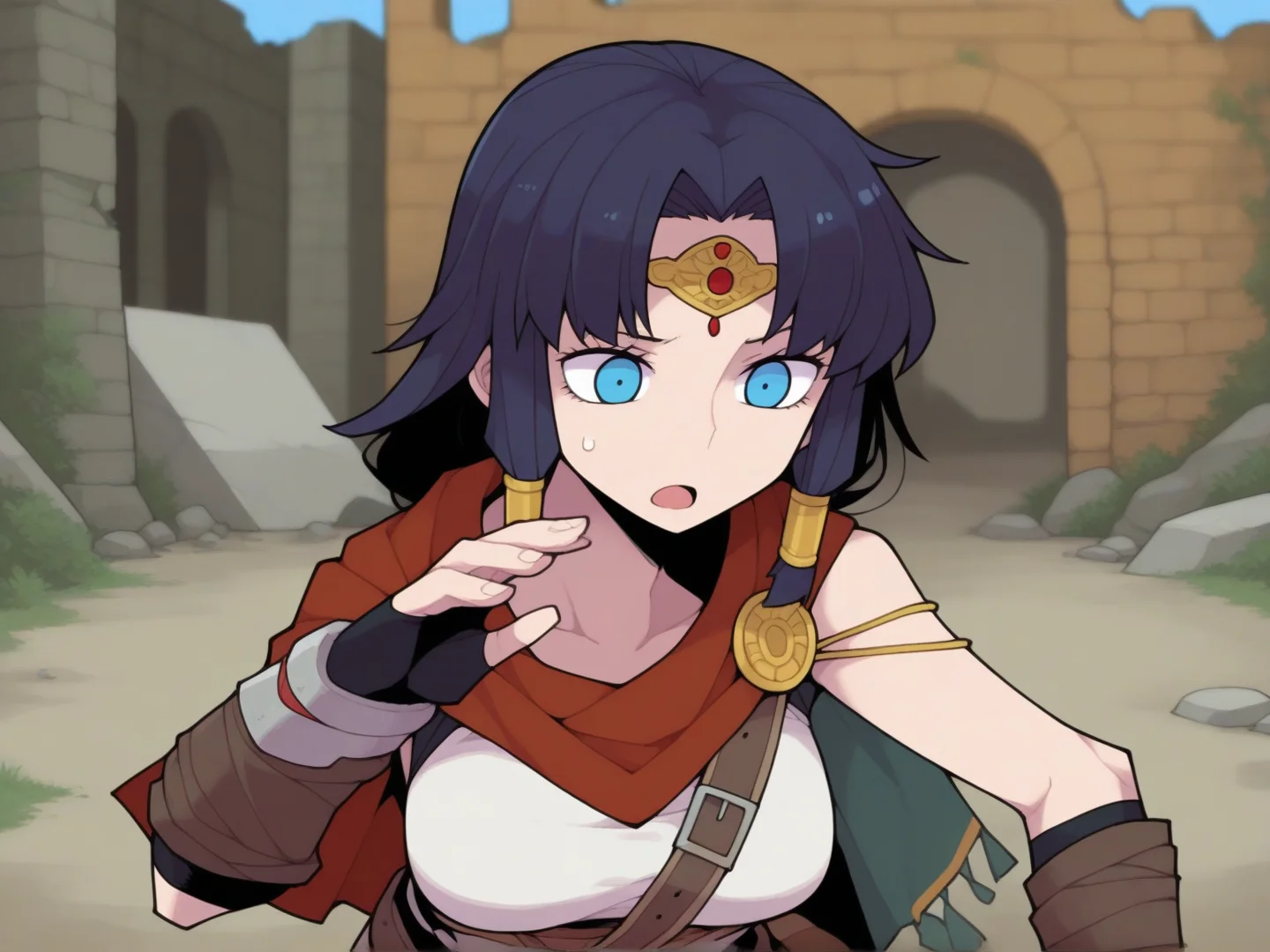 1girl,
adventurer in ancient ruins, eyes fixed on a mysterious relic, expression curious and unaware of fate, front view
<lora:DarkfireStyle19v2:0.85>