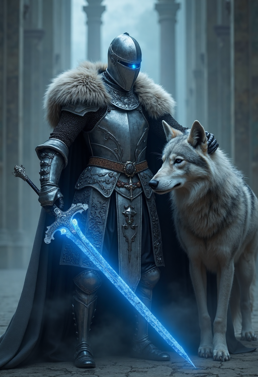 Long exposure photo of A medieval knight in ornate silver and black armor, with glowing blue eyes, stands in a dark, foggy fantasy setting. His armor is intricately detailed, and he wields a sword with a glowing blue blade, emitting an ethereal light. A long, luxurious fur cape drapes over him, and his right hand rests on the head of a large gray wolf, both glowing faintly blue, hinting at a mystical bond. The background features shadowy pillars and mist, enhancing the otherworldly atmosphere. The textures are rich, with metallic armor and soft . Blurred motion, streaks of light, surreal, dreamy, ghosting effect, highly detailed