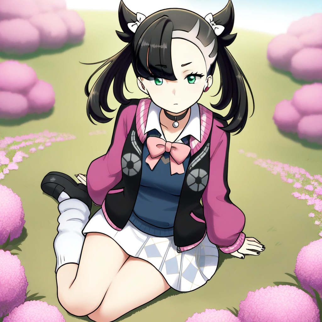 2d, masterpiece, best quality, amazing quality, highres, absurdres, newest, 1girl, solo, sitting, yokozuwari, from above, dutch angle, looking at viewer, day, meadow, outdoors, medium breasts, acmarnie, def colors, green eyes, black hair, asymmetrical bangs, white hair ribbon, black jacket, pink jacket, multicolored jacket, open jacket, blue sweater vest, white collared shirt, long sleeves, pink bowtie, pleated skirt, white skirt, checkered skirt, white socks, loose socks, shoes, black footwear