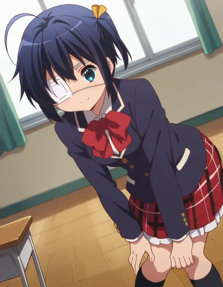 score_9, score_8_up, score_7_up, source_anime,
rikkatakanashi, <lora:rikka-takanashi-s2-ponyxl-lora-nochekaiser:1>,
rikka takanashi, short hair, blue eyes, black hair, ahoge, one side up, eyepatch, medical eyepatch,
skirt, school uniform, jacket, plaid, kneehighs, plaid skirt, blazer, icho private high school uniform,
indoors, classroom, bent over, smile,
looking at viewer, cowboy shot, dutch angle, solo,