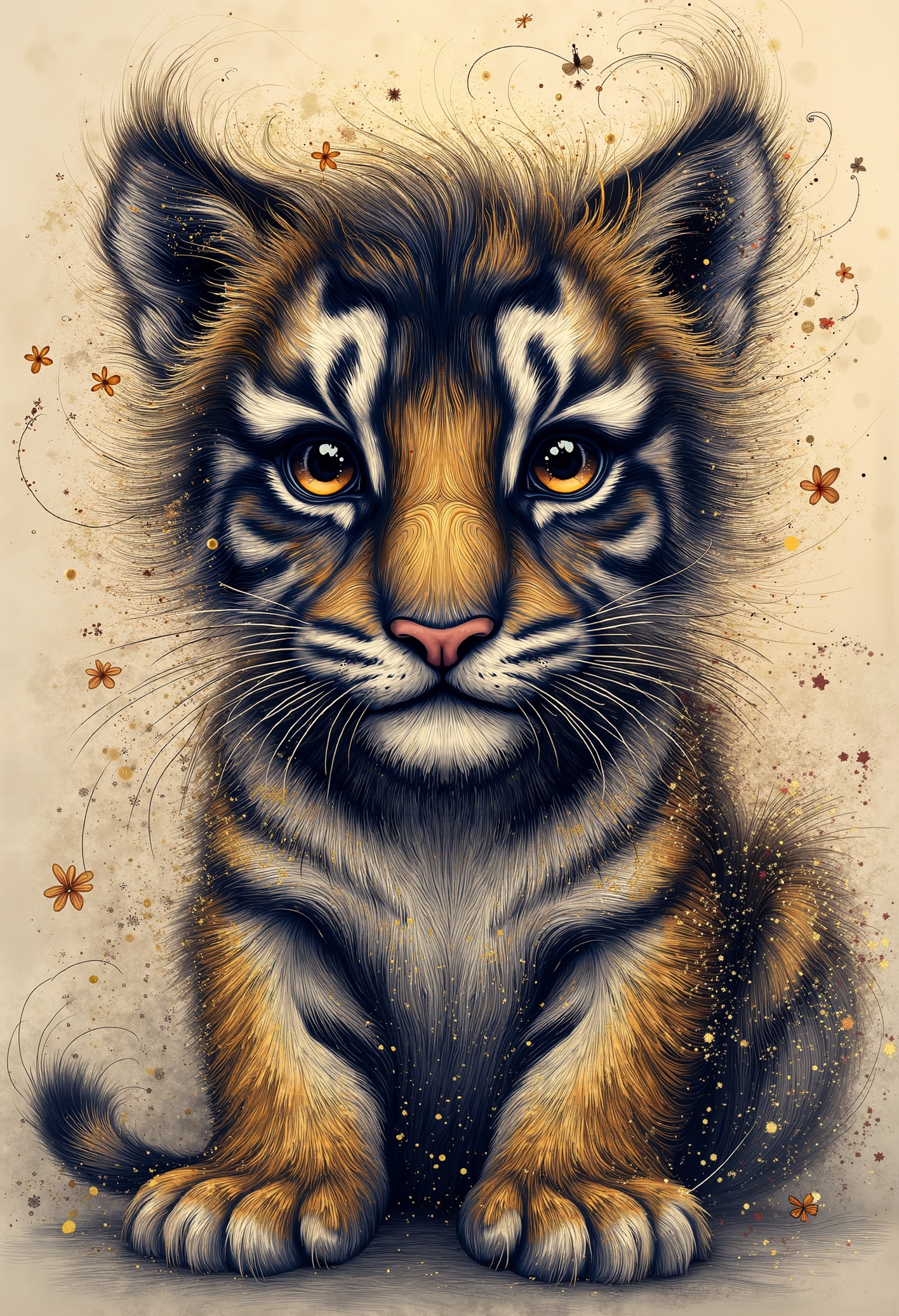 pst006, A detailed illustration of a print of a cute colorful baby tiger, fantasy flower splashes, modern t-shirt design, 3D vector art, cute and quirky, art fantasy, watercolor effect, bokeh, Adobe Illustrator, hand drawn, digital painting, low-poly, soft lighting, aerial view, retro aesthetic, character focused, 4K resolution, photorealistic rendering, using Cinema 4D