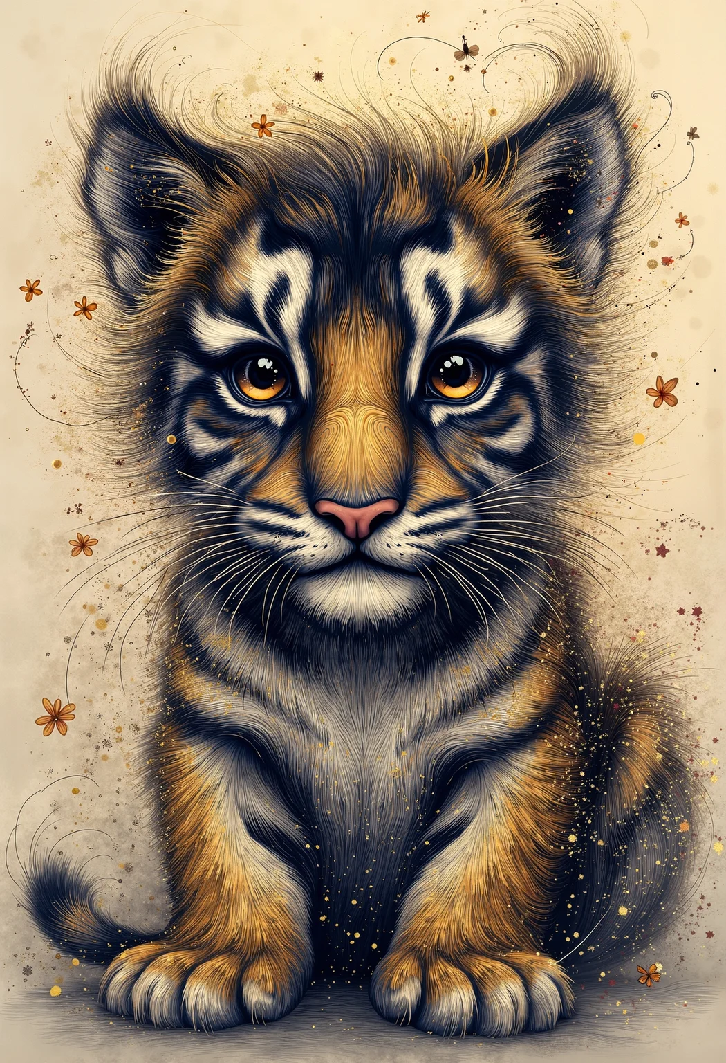 pst006, A detailed illustration of a print of a cute colorful baby tiger, fantasy flower splashes, modern t-shirt design, 3D vector art, cute and quirky, art fantasy, watercolor effect, bokeh, Adobe Illustrator, hand drawn, digital painting, low-poly, soft lighting, aerial view, retro aesthetic, character focused, 4K resolution, photorealistic rendering, using Cinema 4D
