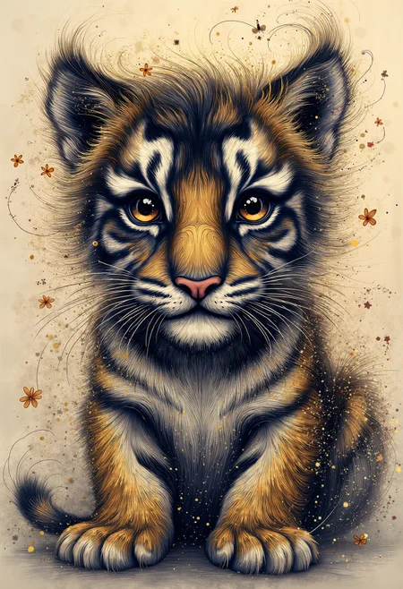 pst006, A detailed illustration of a print of a cute colorful baby tiger, fantasy flower splashes, modern t-shirt design, 3D vector art, cute and quirky, art fantasy, watercolor effect, bokeh, Adobe Illustrator, hand drawn, digital painting, low-poly, soft lighting, aerial view, retro aesthetic, character focused, 4K resolution, photorealistic rendering, using Cinema 4D