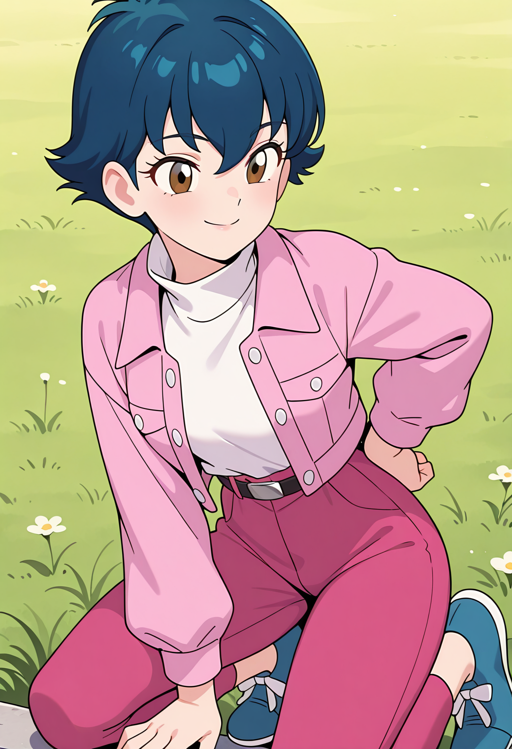 masterpiece, best quality, very aesthetic, absurdres, 1girl, solo,
<lora:shimaya_hazuki_v01:0.8>, shimaya_hazuki, hazuki_casual, blue hair, short hair, brown eyes, hair between eyes,
pink jacket, open jacket, white shirt, turtleneck, long sleeves, belt, pink pants, blue footwear, smile, posing