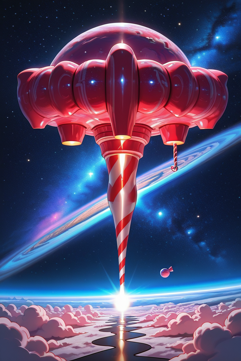 masterpiece, best quality,   CandyCaneMorph,   spaceship, space, stars, planets,    ,<lora:CandyCaneMorphIXL_v1:1.0>,