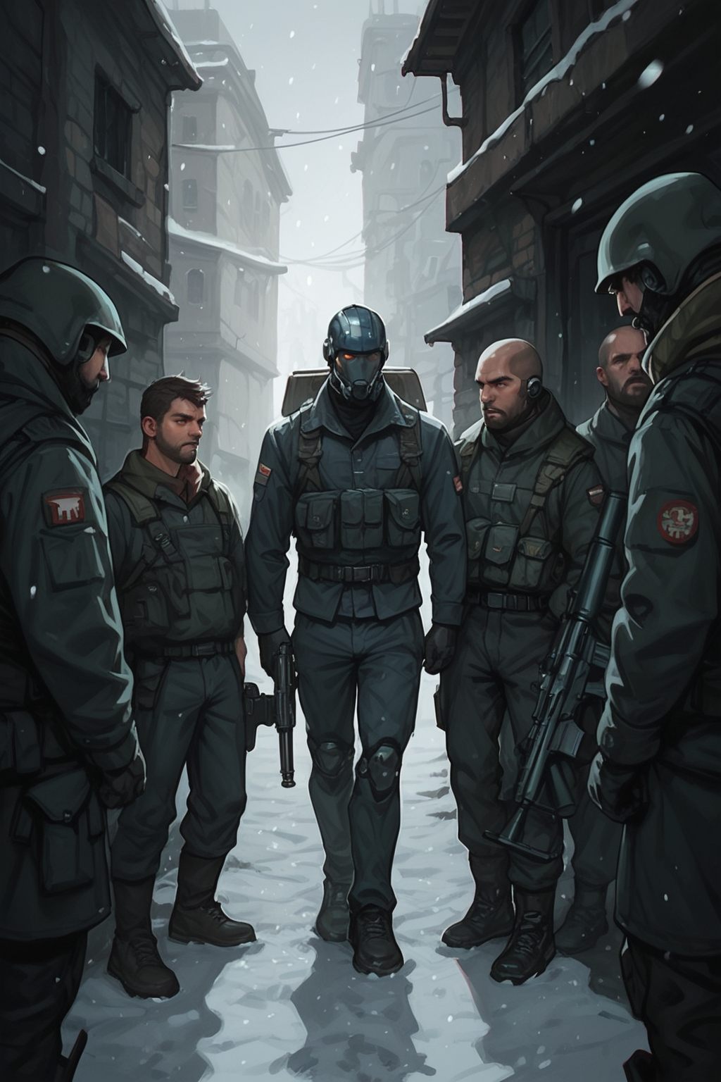 snow, robot, weapon, mecha, gun, snowing, science fiction, multiple boys, outdoors, 6+boys, holding weapon, building, soldier, rifle, holding, holding gun, <lora:S1_Dramatic_Lighting_v2:0.15> s1_dram, zPDXL3, detailxl,  Score_PnyReal,