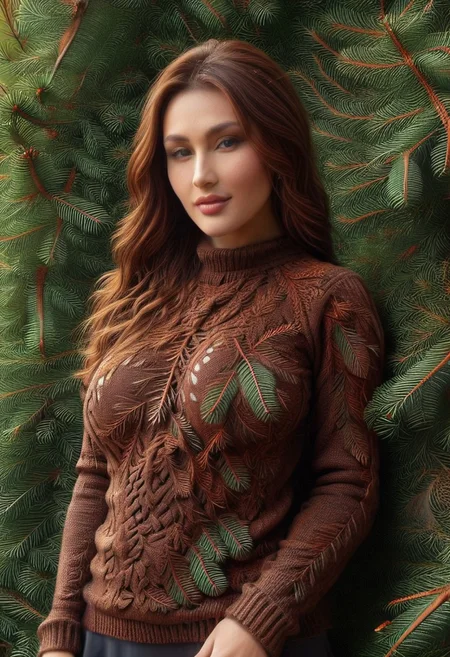 dawn, dark pine forest, colorful dress, perfect picture, (anatomically correct:1.6), score_9, score_8_up, score_7_up, score_6_up, score_5_up, score_4_up, UHD, 8K, masterpiece, detailed, ultra_high_resolution, lots of detail, OverallDetailXL, detailxl, Sci-fi Environments, epiCPhotoGasm-colorfulPhoto. style-empire, colorful style, 1woman, curvy, narrow waist, full lips, (red lips), flowing hair, (natural  eyes:1.3), full smile, (pinup pose), mature female, milf, motherly. 32 years old, fir needles, fir needle style, fir needle, long dress made out of fir needles, (fully dressed:2), (covered body:1.8), (fully covered breasts:1.5), high neck closure, add-detail-xl, short puffy sleeves, Cambodian woman, long hair, light brown hair, small waist, wide hips, high cheekbones, golden glow, (Auntie Flatts:1.4), (brown sweater made out of fir needles:2).