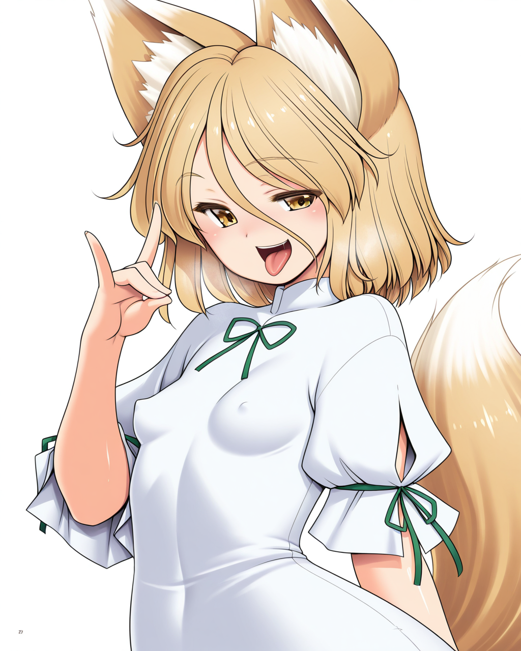 1girl, solo, kudamaki tsukasa,fox ears,fox tail,blonde hair,yellow eyes,white romper,green ribbon, covered nipples, happy, open mouth, tongue out, fox shadow puppet, (tomoki tomonori:1.1), shiny skin, steam, looking at viewer, upper body, simple background, white background, masterpiece, best quality, very aesthetic, absurdres