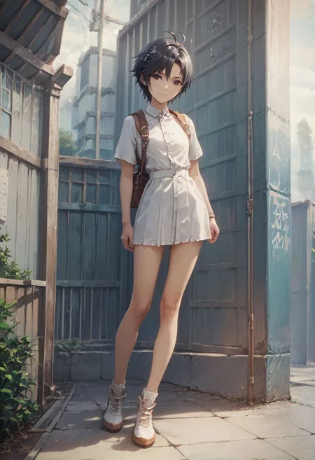 score_9,score_8_up,score_7_up,score_6_up,source_anime, <lora:Worldly_XL:1>
1girl, solo, full figure,
<lora:KikuchiMakoto_pony_v1:0.9> kikuchi makoto, kkcmkt, short hair, black hair, antenna hair, hair between eyes, black eyes, flat chest, small breasts, long legs,
zPDXL, zPDXL-neg