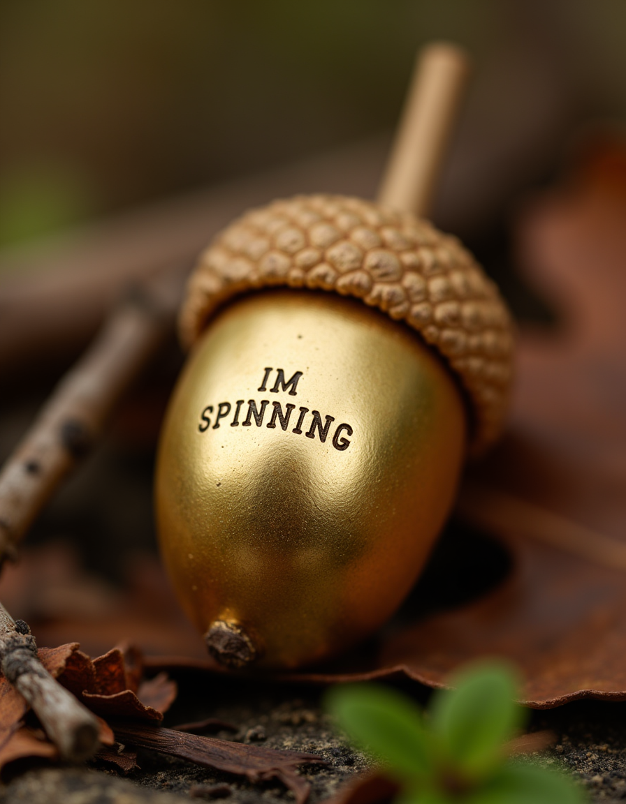 nature photo, macro photography, shiny gold plated acorn, with the text "IM SPINNING" engraved into it