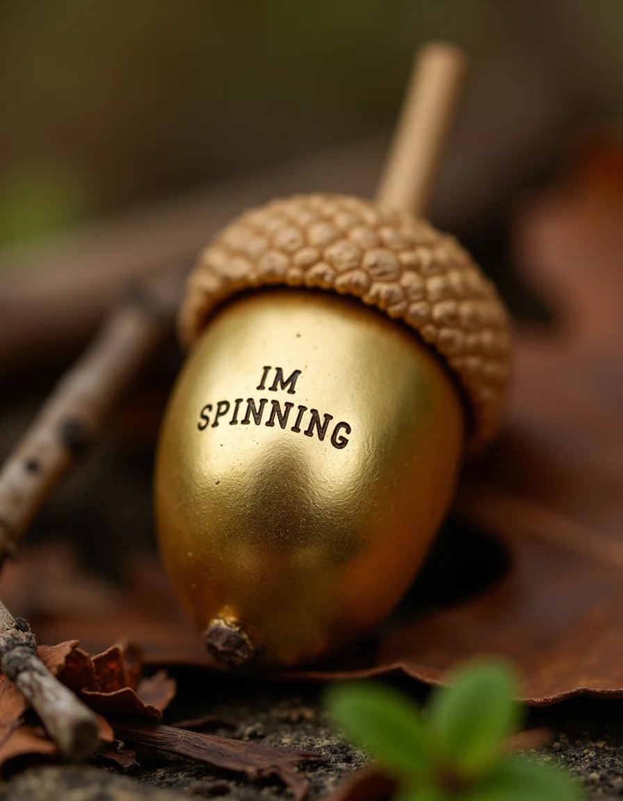 nature photo, macro photography, shiny gold plated acorn, with the text "IM SPINNING" engraved into it
