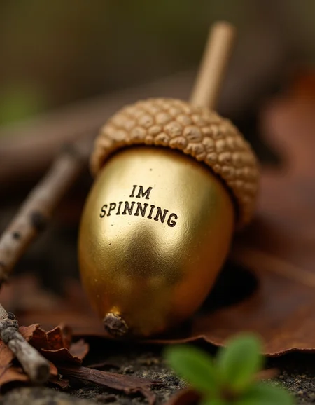 nature photo, macro photography, shiny gold plated acorn, with the text "IM SPINNING" engraved into it