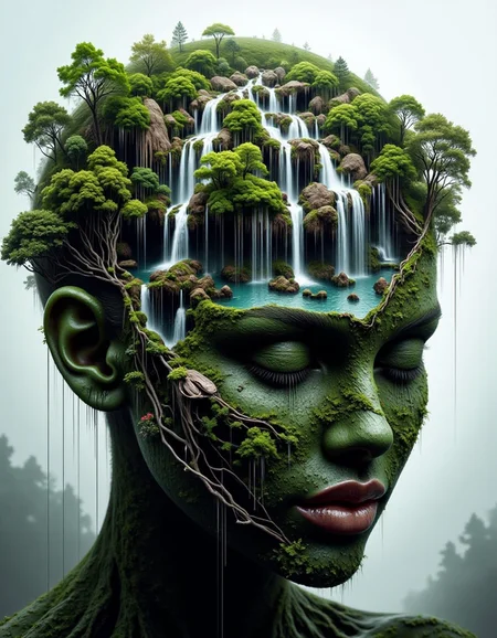double-exposure. This is a digital artwork created in a surreal, fantastical style. The central figure is a human head, depicted with a serene, closed-eyed expression, rendered in a blend of natural and surreal elements. The head's face is covered in lush greenery, with waterfalls cascading from its forehead, nose, and chin, merging into the surrounding landscape.