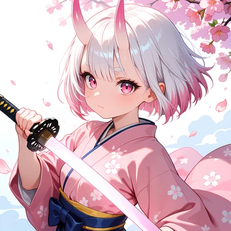 masterpiece,amazing quality,best quality,ultra-detailed,32K,illustration,vivid,ultra-detailed face,real skin,shiny hair,clear skin,beautiful eyes,cute girl,kawaii,eyelashes,shiny hair,clear skin,beautiful eyes,cute girl,kawaii,eyelashes,(petite girl:1.2),small breasts,(oni girl,long bangs,white hair,Round eyebrows:1.2),(short hair,bob cut,white forehead horns:1.2,short horns,pink hair tips:1.2,pink horn tips,pink eyes),pink kimono,holding katana,glowing blade,cherry blossom,wind,fighting pose