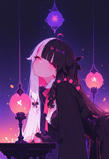 masterpiece, best quality, good quality, newest, highres, absurdres, yorumi rena \( njisanji\), Two-tone color hair,black hair,White hair,
 looking at viewer, blush, fingernails, head tilt, dark fantasy, vibrant background, Theme parks, amusement parks, magician costumes, frills, play boy bunny, petals, glowing lanterns, misty night,aesthetic, soft bokeh, atmospheric lighting, neon glow, mystical aura,, moonlit night, depth of field, cinematic lighting, warm contrast, rich colors, detailed face, detailed eyes, leaning forward , Flatline, Flat vector illustration