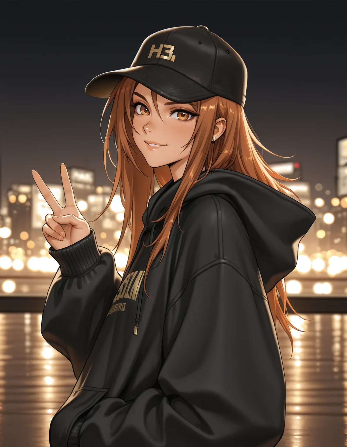 1girl, <lora:hellcat-illustrious-000040:0.9> h3llc4t, fashion, hoodie, baseball cap,
city lights, from side, looking at viewer, v, smile, depth of field