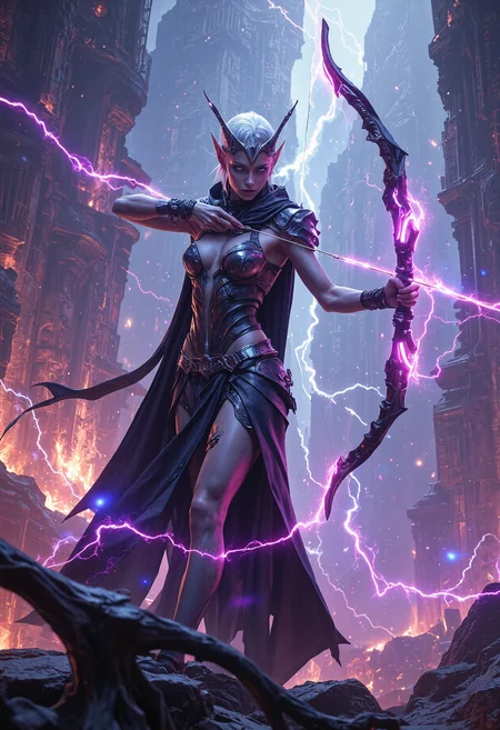 Videogame screenshot closeup illustrating thin female banshee seen equipped with a super-charged bow made of plasma. A __outift/scifi/headwear/prompt__ adorning her head, dressed in energy powered garment with radiating energy glow. Set in a towering ziggurat environment| futuristic forest environment| magnetic nebula environment} with a chaotic photon-storm ripping through, glowing circuits, serene atmosphere. With artificial multi-color lighting,, best quality   <lora:flux_skinny_slider>