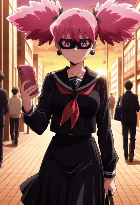 masterpiece, best quality,  absurdres, highres, cinematic light, 1girl, newest,  <lora:anime_screencap-Illustrious:1> anime screencap, anime coloring, colorful,  <lora:pop_step:1> popstepwz, pink hair, twintails, pink eyes, medium breasts, ball earrings, domino mask, eye mask, school uniform, black serafuku, black skirt, long skirt, pleated skirt, holding phone, looking at the phone, walking, cowboy shot, street, sunset, sidelighting, serious, blurry background,