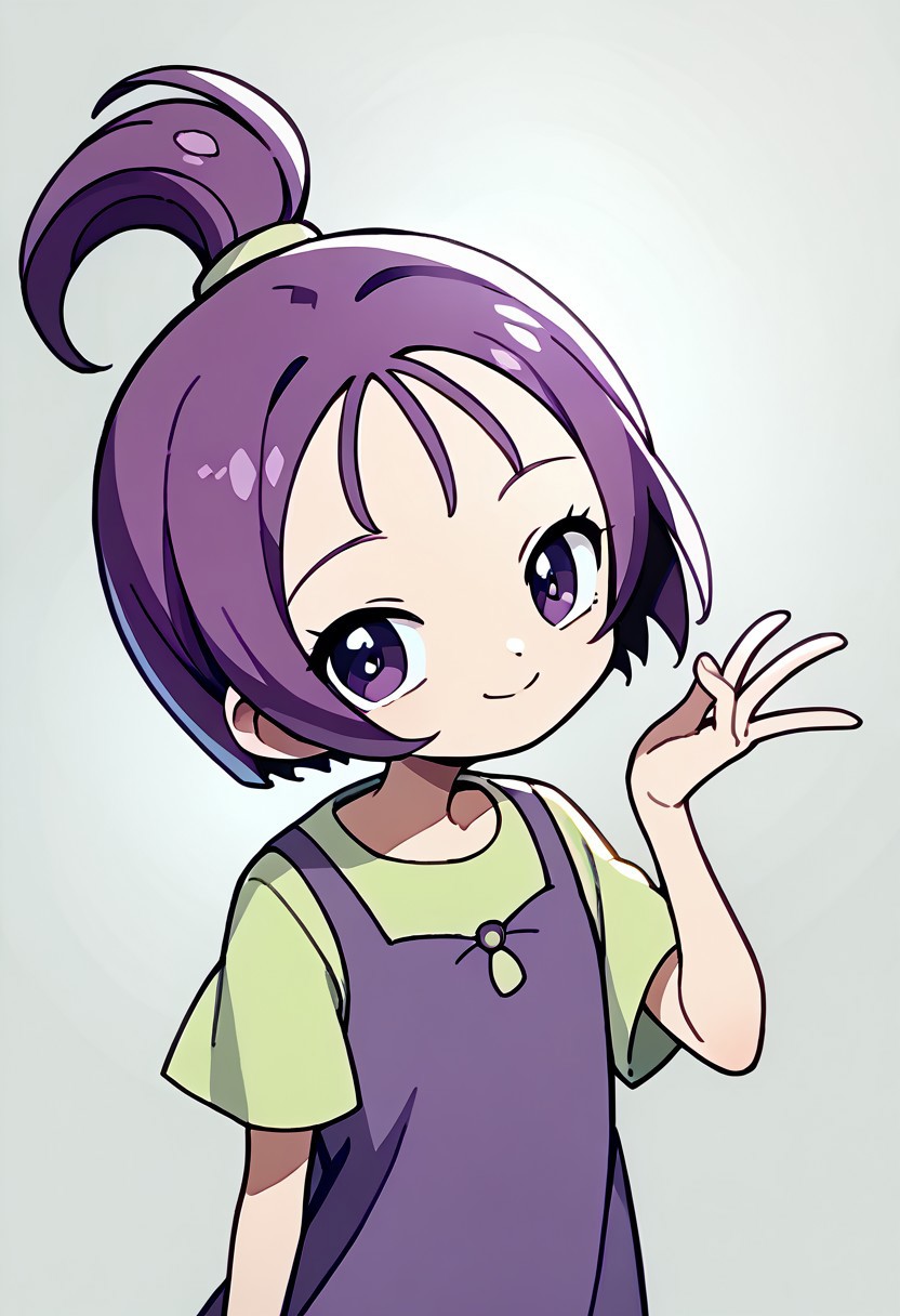 score_9, score_8_up, score_7_up BREAK Onpu1, 1girl, purple hair, bob cut, ponytail, purple eyes, sleeveless purple dress, short-sleeve light green shirt, yellow white sneakers, smiling at viewer, full body,