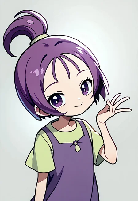 score_9, score_8_up, score_7_up BREAK Onpu1, 1girl, purple hair, bob cut, ponytail, purple eyes, sleeveless purple dress, short-sleeve light green shirt, yellow white sneakers, smiling at viewer, full body,