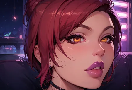 2D, best quality, highly detailed, score_9, score_8_up, score_7_up, score_6_up, source_cartoon,
BREAK, 1girl, assumi, short red hair, single hair bun, golden eyes, purple lipstick, flirtatious expression, big breasts, tight body, frontal shot, tight clothing, 1girl, round breasts, perfect tits, perfect nipples, large breasts, beautiful, gold trim, fishnet clothing, bodypaint, glitter, neon_purple, 1woman, glowing, exhibitionism, fishnets, neon_lights, rave_party, nightclub, close up