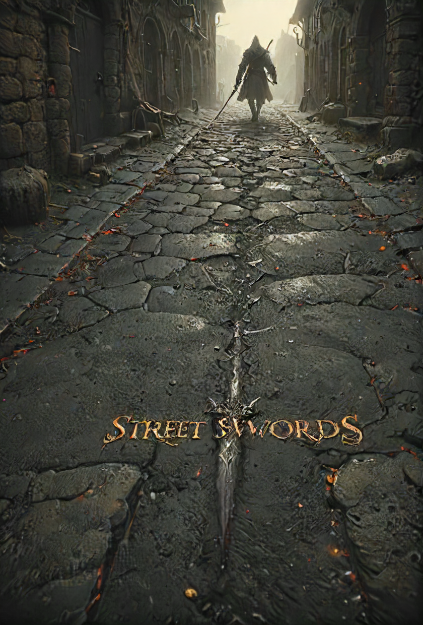 book cover title "street swords", detailed, 8k, <lora:cinexart:0.5>, <lora:wizards_vintage_romance:0.6>, <lora:Harrlogos_v1.1:0.8>, <lora:HKStyle_V3:0.8>  <lora:- SDXL - vanta-black_contrast_V3.0:0.6> <lora:XL_Weapon_Curved_Sword_Slash__-_By_HailoKnight:0.8>  <lora:- SDXL - hevy_armored_mechvari_V1.5:0.5> <lora:- SDXL - blk_weathered_asp_V1.0:0.4>