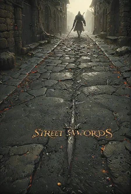 book cover title "street swords", detailed, 8k, <lora:cinexart:0.5>, <lora:wizards_vintage_romance:0.6>, <lora:Harrlogos_v1.1:0.8>, <lora:HKStyle_V3:0.8>  <lora:- SDXL - vanta-black_contrast_V3.0:0.6> <lora:XL_Weapon_Curved_Sword_Slash__-_By_HailoKnight:0.8>  <lora:- SDXL - hevy_armored_mechvari_V1.5:0.5> <lora:- SDXL - blk_weathered_asp_V1.0:0.4>