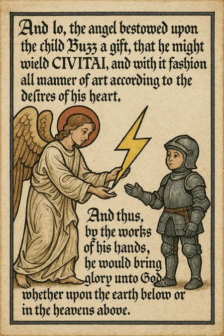 Please do a illustration of a medieval angel presenting a yellow lightning bolt to a small boy, who is wearing knight armor. The text "And lo, the angel bestowed upon the child Buzz a gift, that he might wield CIVITAI, and with it fashion all manner of art according to the desires of his heart. And thus, by the works of his hands, he would bring glory unto God, whether upon the earth below or in the heavens above.", written with gothic font, frame the scene. 