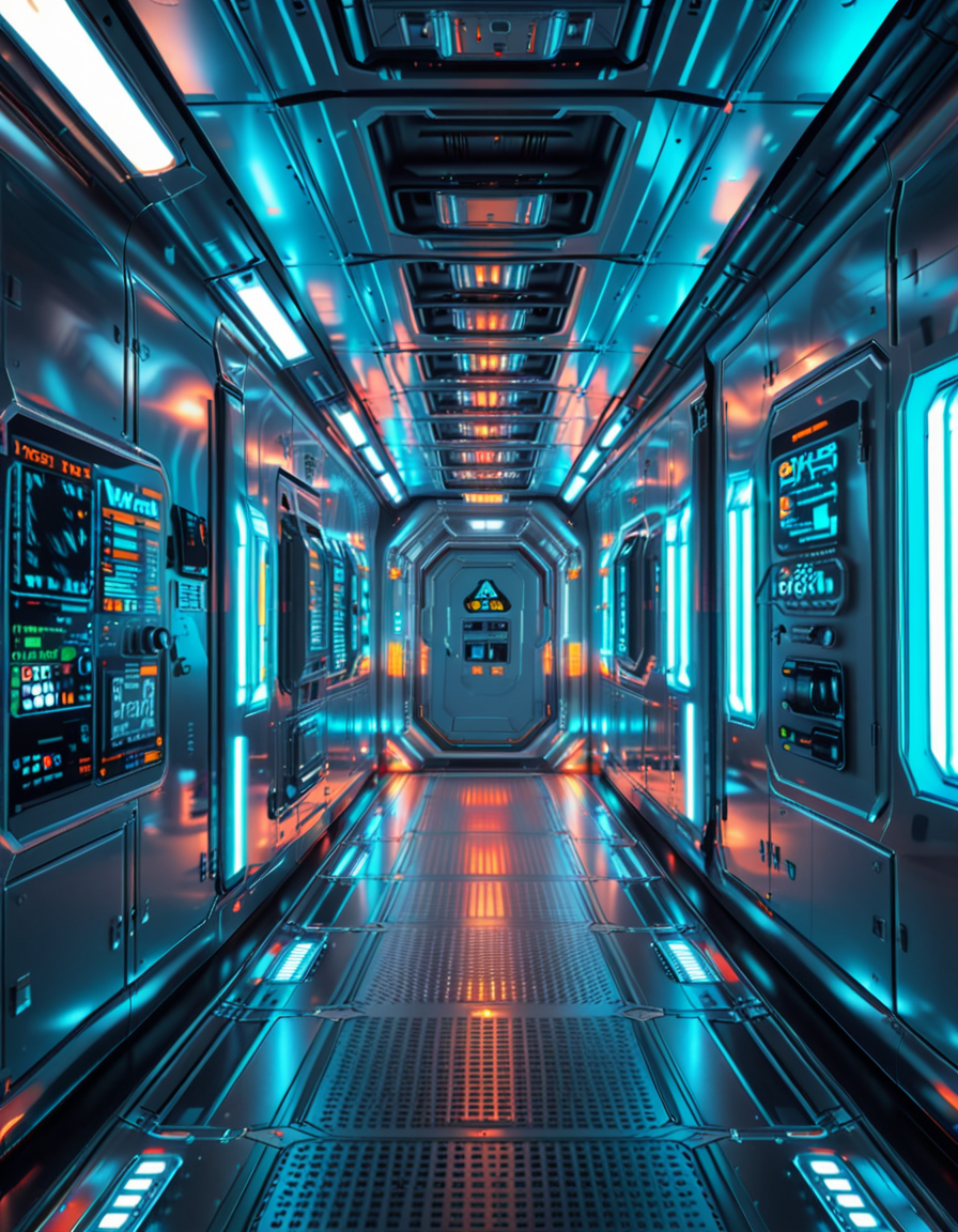 A highly detailed futuristic spaceship corridor, illuminated by soft neon blue and purple lights. The walls are made of sleek metallic panels, with glowing circuits and holographic displays integrated into the design. The floor is reflective and polished, with a faint grid pattern that emits a subtle white glow. Pipes and cables run along the ceiling, interspersed with small ventilation grids and blinking lights. The corridor stretches into the distance, creating a sense of depth, with a slight curve that hints at the massive scale of the spacecraft. The atmosphere feels clean, modern, and slightly sterile, with a sci-fi aesthetic inspired by movies like Blade Runner and Star Wars. The overall lighting is ambient and slightly dim, accentuating the futuristic ambiance. No characters or people are present, focusing entirely on the corridor's architecture and design.<lora:SDXLFaeTastic2400:0.4> <lora:extremely_detailed:0.4> extremely detailed, <lora:futuristic_spaceship_c0rr1d0r:1>,futuristic spaceship c0rr1d0r, Masterpiece,best quality,hi res,8k,hi res,8k,award winning,(sharp focus, intricate, highly detailed),