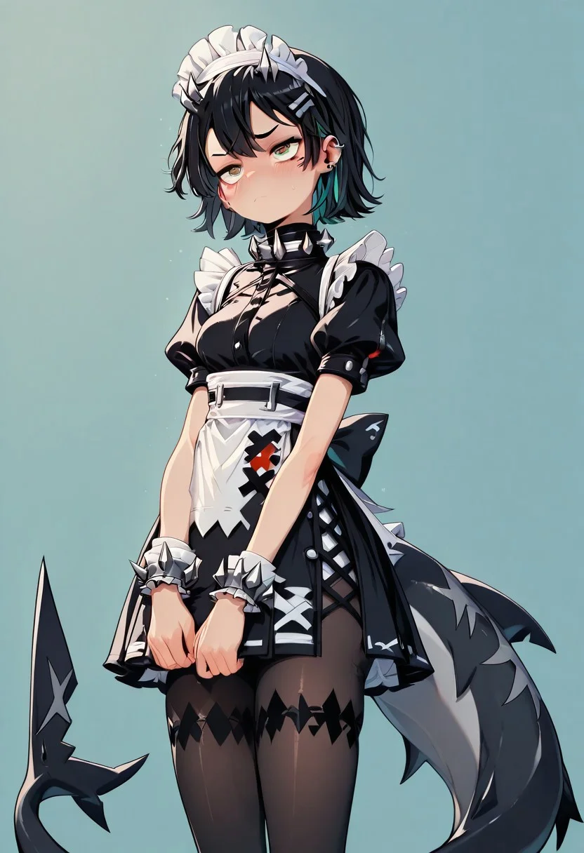 solo, ellen, black hair, ear piercing, hairclip, spiked collar, maid headdress, black dress, puffy short sleeves, maid apron, wrist cuffs, pantyhose, shark tail, masterpiece ,best quality ,amazing quality, neo_pop
