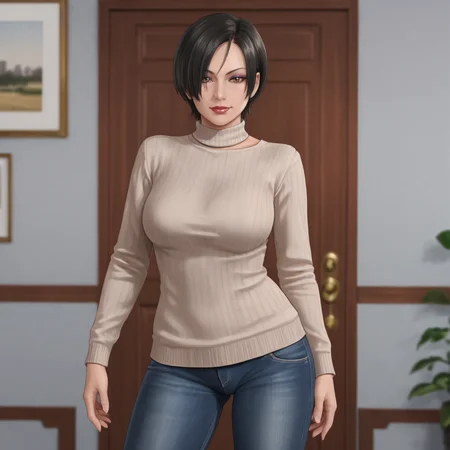 <lora:adawongmovie_pony_v1:.8> AdaResidentEvilMovie, 1girl, short hair, black hair, brown eyes, large breasts, hair over one eye,cowboy shot, lipstick,eyeshadow, cowboy shot, sweater, jeans