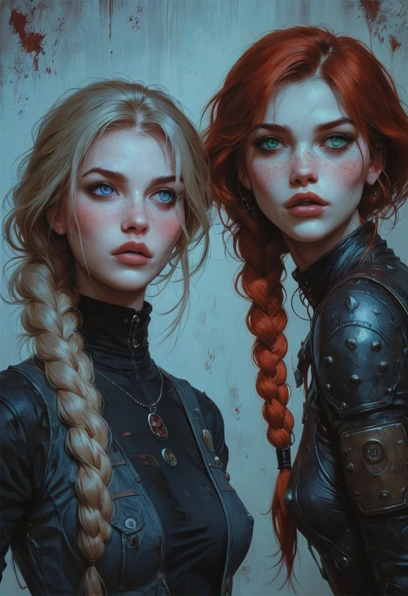 score_9, score_8_up, score_8, score_7_up, score_7, 2girls, very long blonde hair, hime cut, sky blue eyes, blush, redhead with hair in braid, emerald green eyes, freckles, medium breasts, 
BREAK masterpiece, best quality, intricate detail, dark background, atmospheric background, heavy metal magazine, retro, wasteland, dead city, dynamic angle,