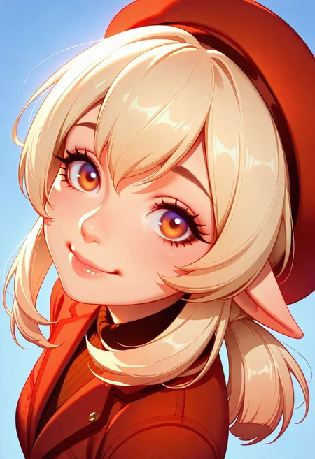 masterpiece, best quality, amazing quality, very aesthetic, (flat colors:1), (Artist:Tsuaii:1), (relaxed:0.5), (smiling:0.5), looking at viewer, (seductive:0.5), dynamic lighting, upper body, from above, smile,
(Klee_(Genshin_Impact):0.5), red beret, red suit,
blue sky background,